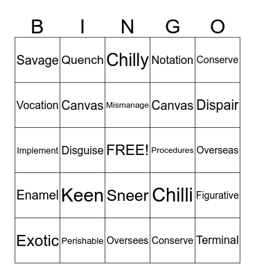 Lesson #3 Bingo Card