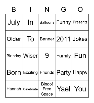 Birthday Bingo Card