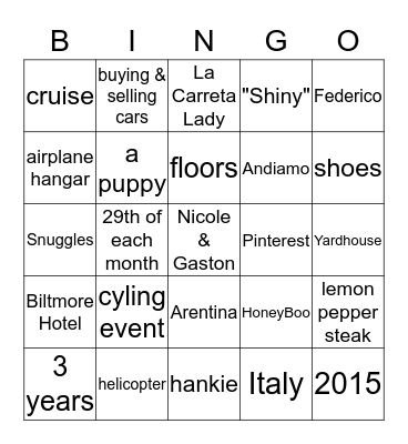 Nicole's Bridal Shower Bingo Card