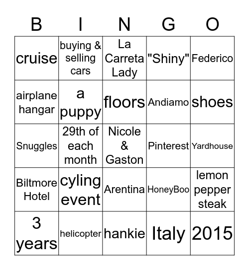 Nicole's Bridal Shower Bingo Card
