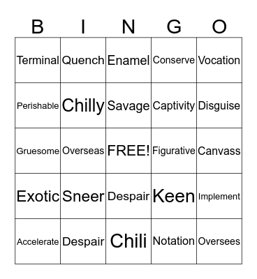 lesson #3 Bingo Card