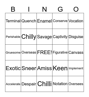 lesson #3 Bingo Card