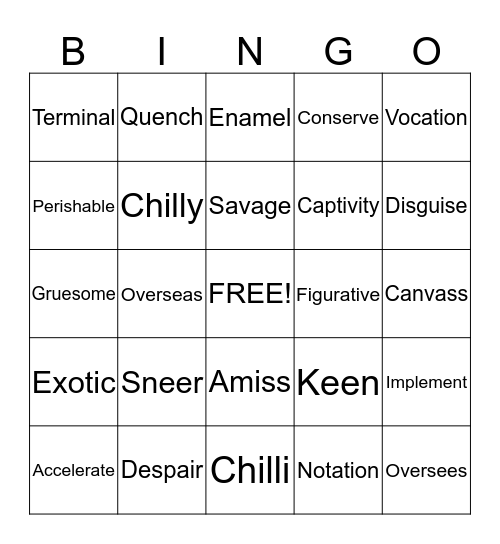 lesson #3 Bingo Card