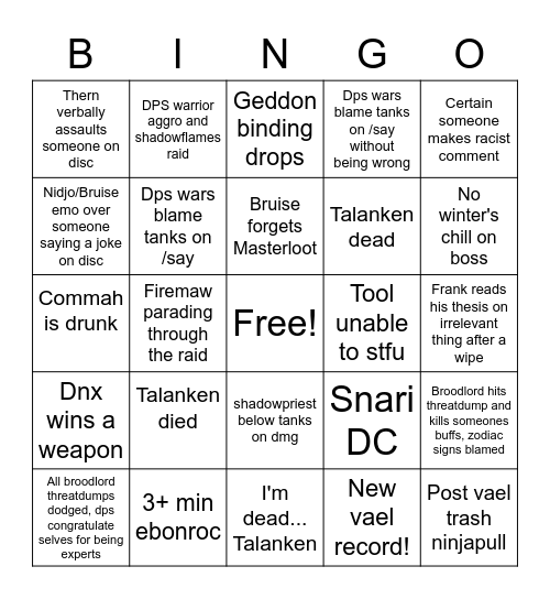 DiE Thursday raid Bingo Card