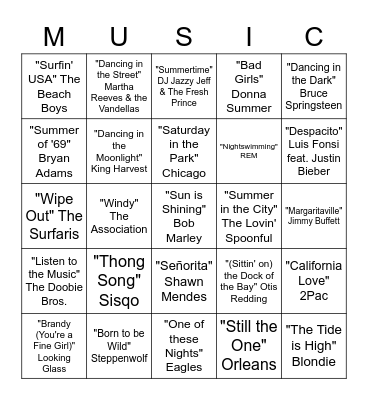 Summer Songs Bingo Card