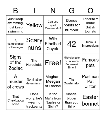 Self-referential quiz bingo Card