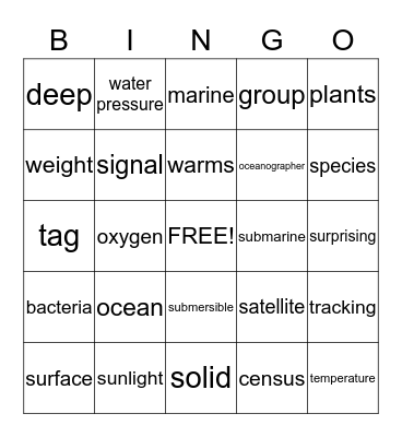 Deep In The Ocean Bingo Card