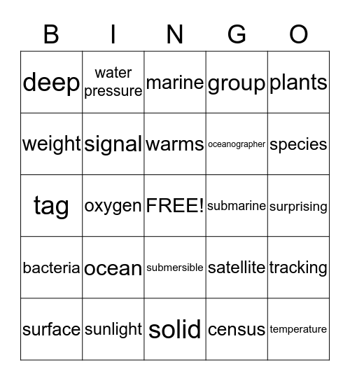 Deep In The Ocean Bingo Card