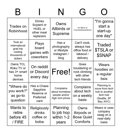 Tech New Grad BINGO Card