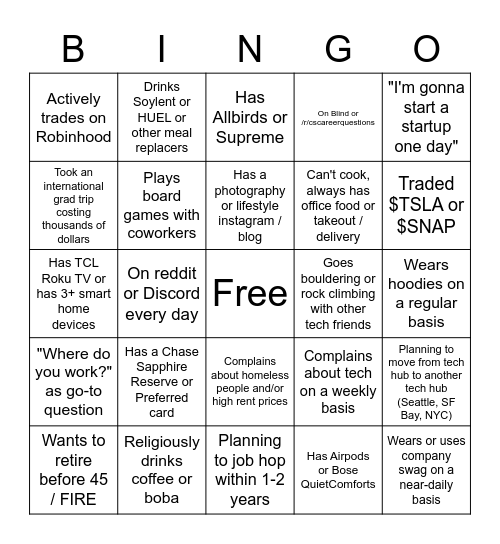 Tech New Grad BINGO Card