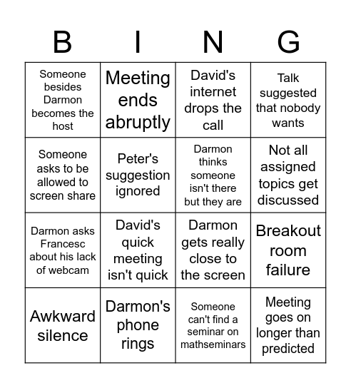 Darmon Zoom bingo Card