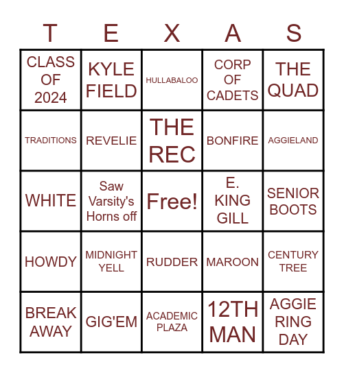 Aggie Bound Bingo Card