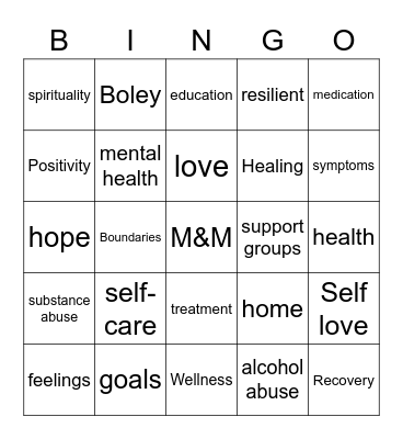 RECOVERY Bingo Card