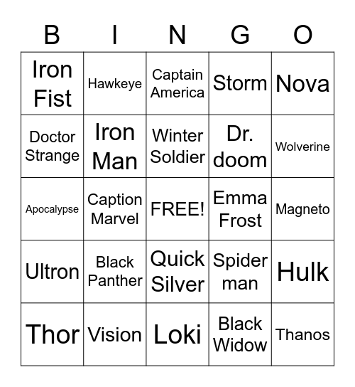 Marvel Bingo Card