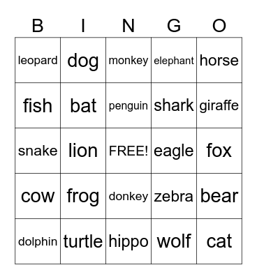 Animals #1 Bingo Card