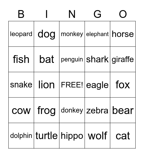 Animals #1 Bingo Card