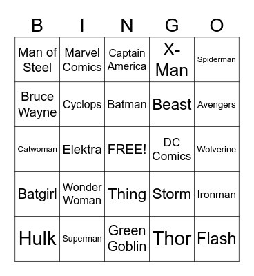 Superhero Bingo Card