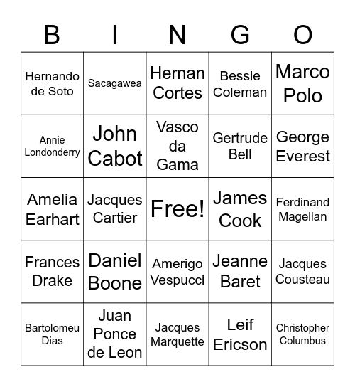 Adventurers, Discoverers, Explorers Bingo Card