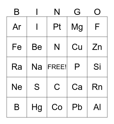 Periodic Table Bingo Card
