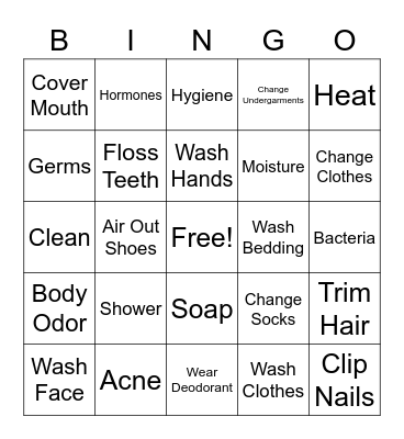 Personal Hygiene Bingo Card