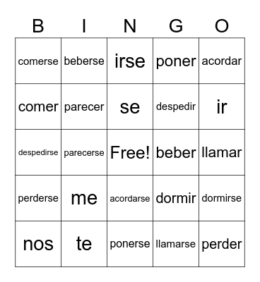 Spanish Words Bingo Card