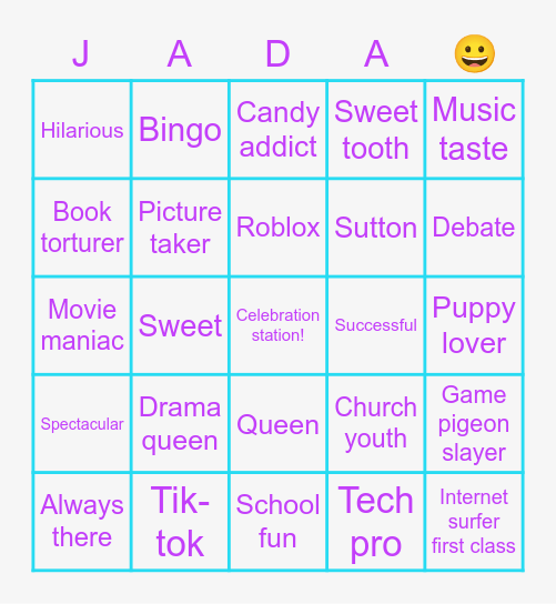 Jada's Birthday Bingo Card
