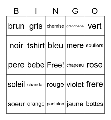 French Words Bingo Card