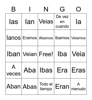 Spanish Words Bingo Card