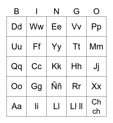 Spanish Alphabet BIngo Card
