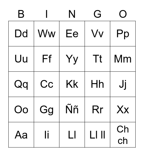 Spanish Alphabet BIngo Card