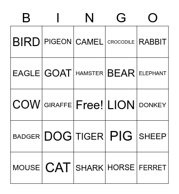 Animals Bingo Card
