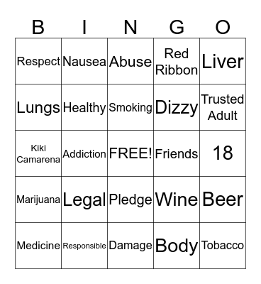 Drug Free Bingo Card