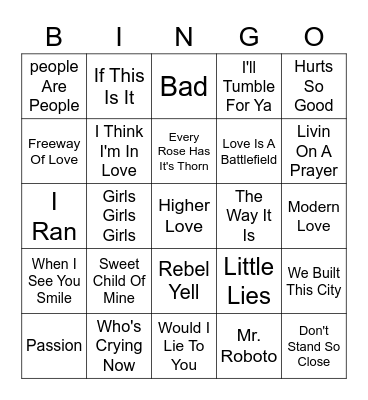 Songs Bingo Card