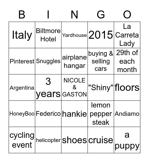 Nicole's Bridal Shower Bingo Card