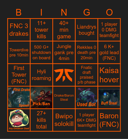 FNC vs Origen Bingo Card