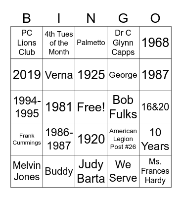 Lions Club Bingo Card