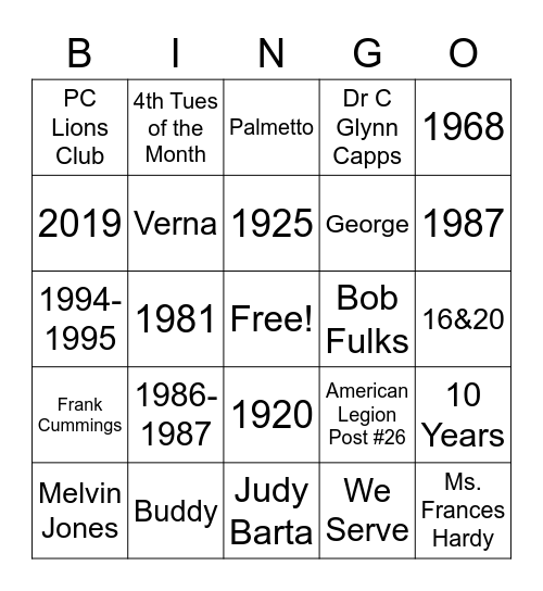 Lions Club Bingo Card