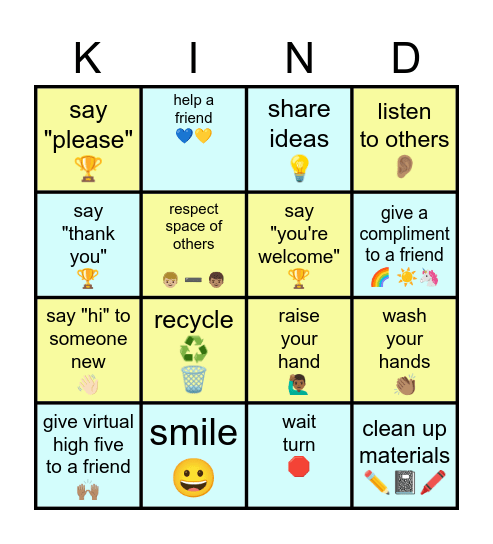 🌈 Be Kind to Classmates ☀️ Bingo Card