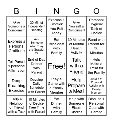 PBIS at Home (Connectedness) Bingo Card