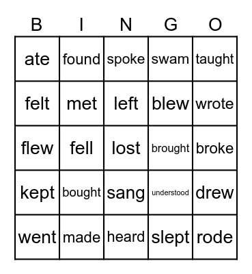Irregular Past Tense Verbs Bingo Card