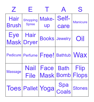Zeta Beta Zeta Pamper Me Bingo Card