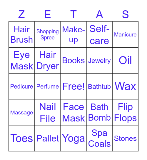 Zeta Beta Zeta Pamper Me Bingo Card
