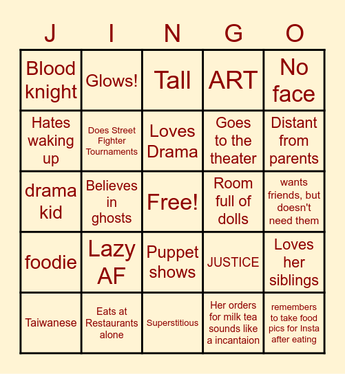 Jing Bingo Card