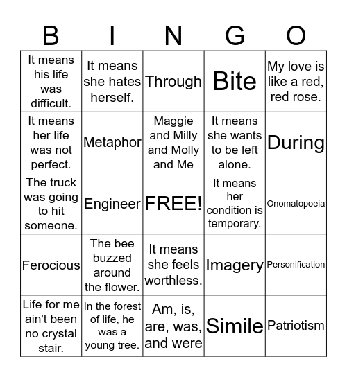 Figurative Language Bingo Card