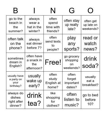 Getting to know you Bingo Card