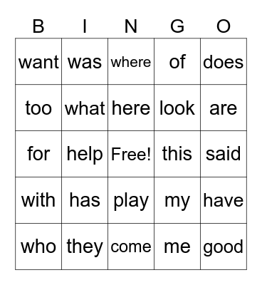 Sight Words Bingo Card