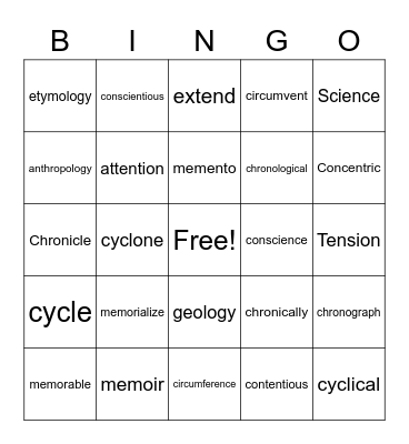 Vocabulary Bingo Card