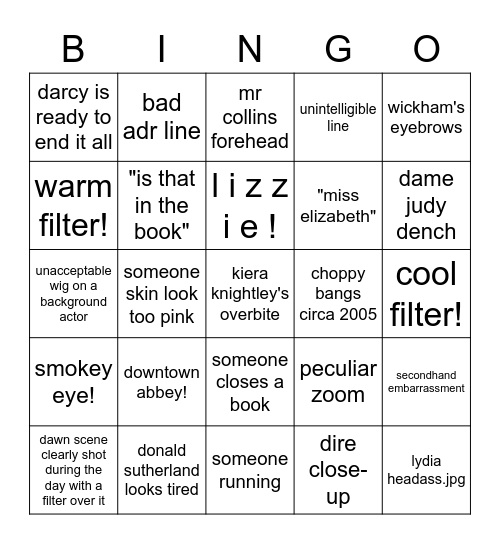 pride & prejudice (2005 d. joe wright) bingo Card