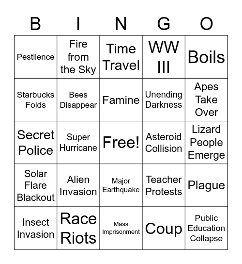 2020 Apocalypse Bingo Card