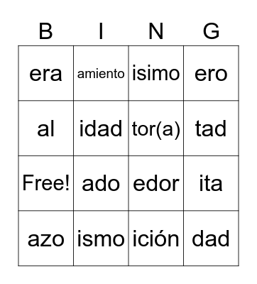 Spanish Suffix Bingo Card